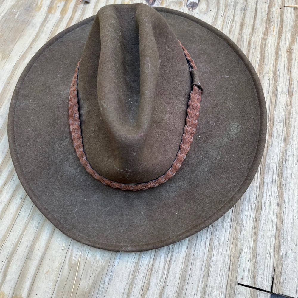 Vintage Orvis Wool Felt Fedora Hat Brown Braided Leather Band Made in USA Medium